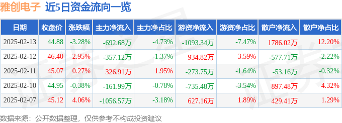 雅创电子（301099）2月13日主力资金净卖出69268万元(图1)